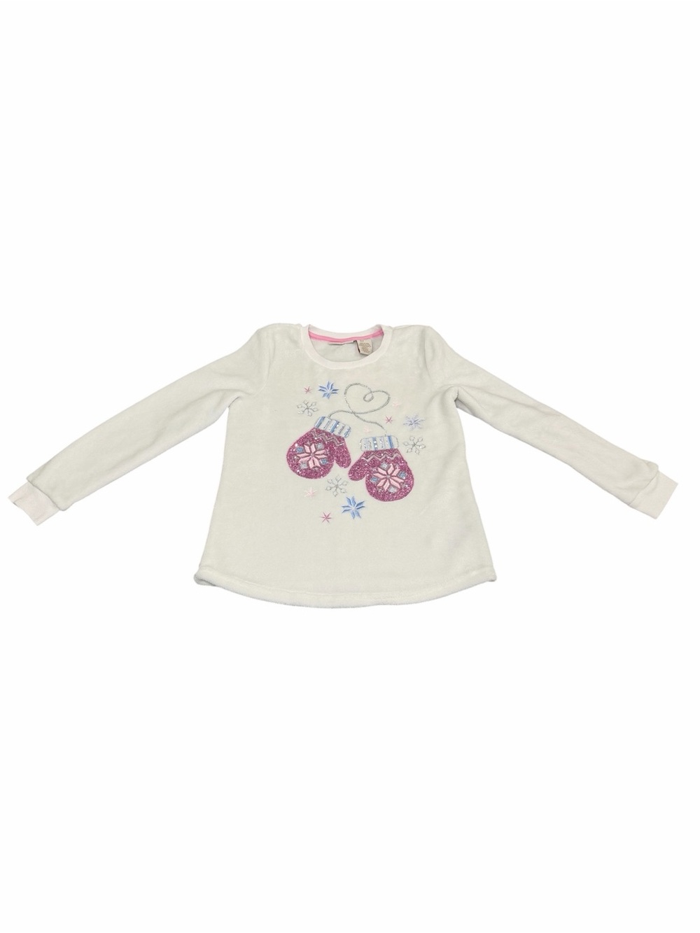 Cynthia Rowley White Fuzzy Long Sleeve Top with Pink Mittens and Blue Accents